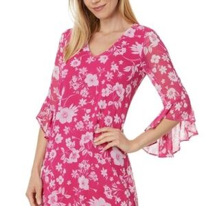 NWT Calvin Klein 3/4 Ruffle Sleeve V-neck Floral Chiffon Dress